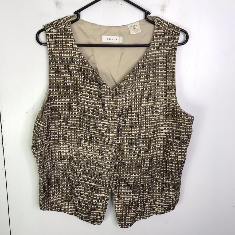 Go Silk Vest Womens 14 Waistcoat Button Front Brown Print Silk Preppy Academia